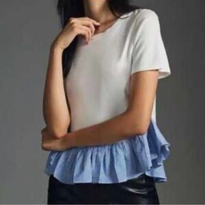 MAEVE | Anthropologie | White Top with blue ruffle detail on bottom | Size